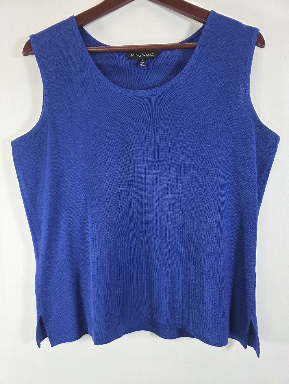 Ming Wang Blue Knit Sleeveless Tank Top Scoop Neck Side Slits Women's Large